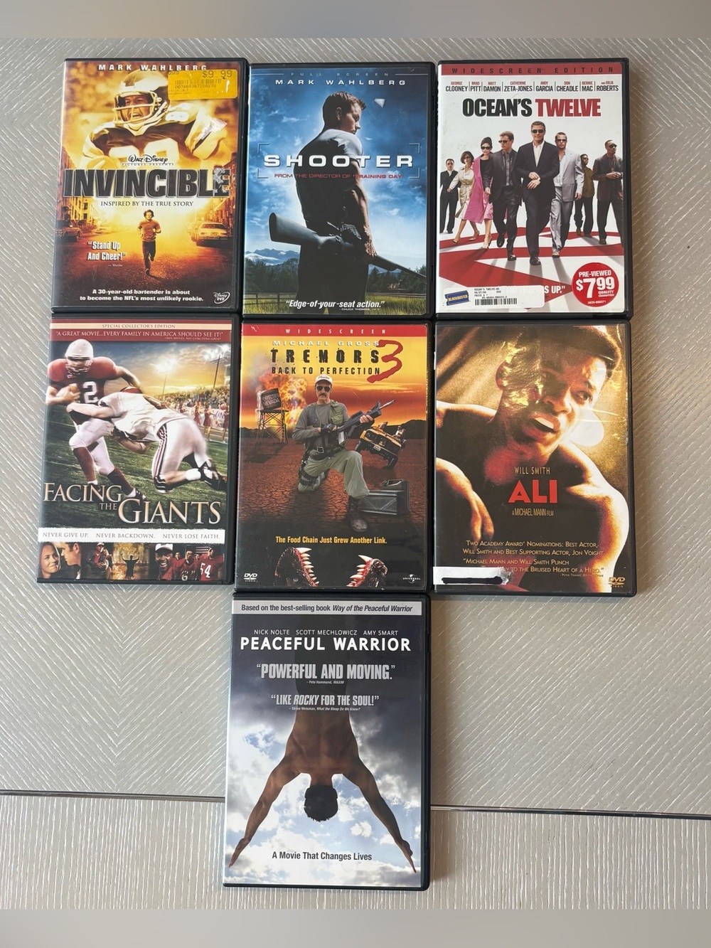 7 DVD Action Drama Sport Mark Wahlberg Ali Ocean's 12 Tremors Peaceful Warrior